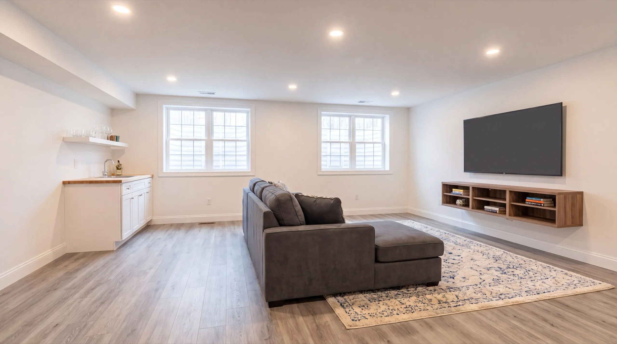 Finished basement with media area