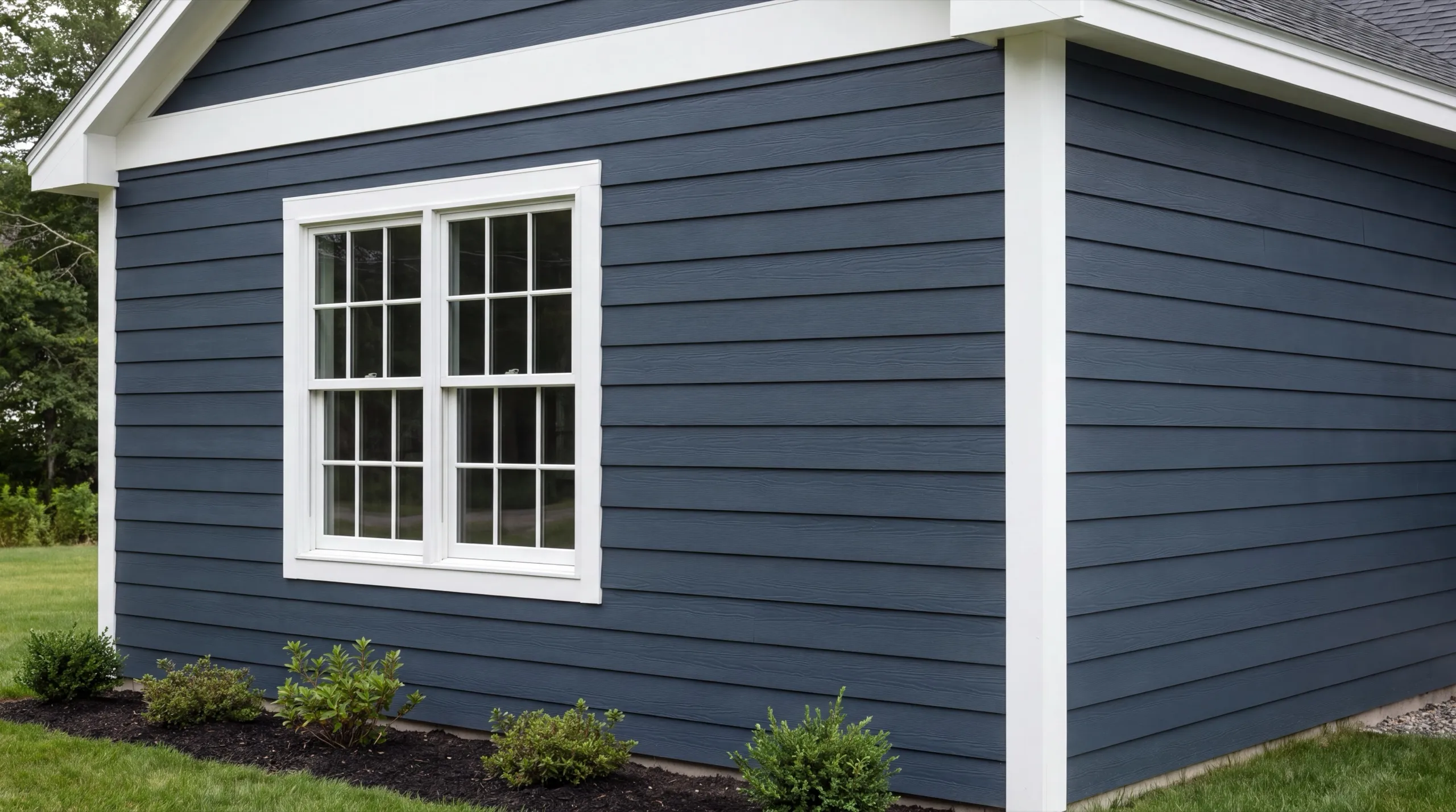 Freshly installed siding and new window on a Maine home