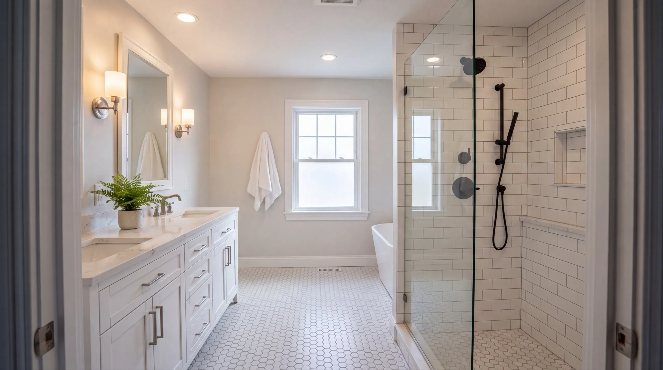 Remodeled bathroom with walk-in tile shower
